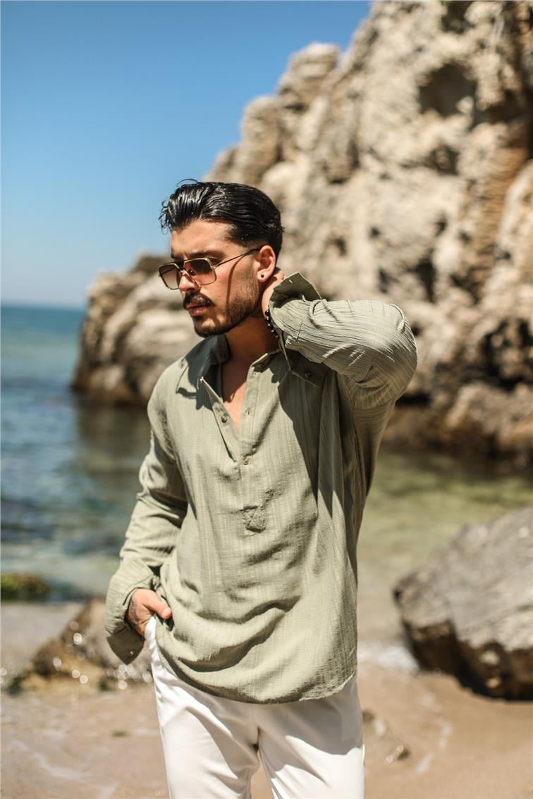 Düz Yaka Kabartmalı Şerit Detay Oversize Gömlek Mint