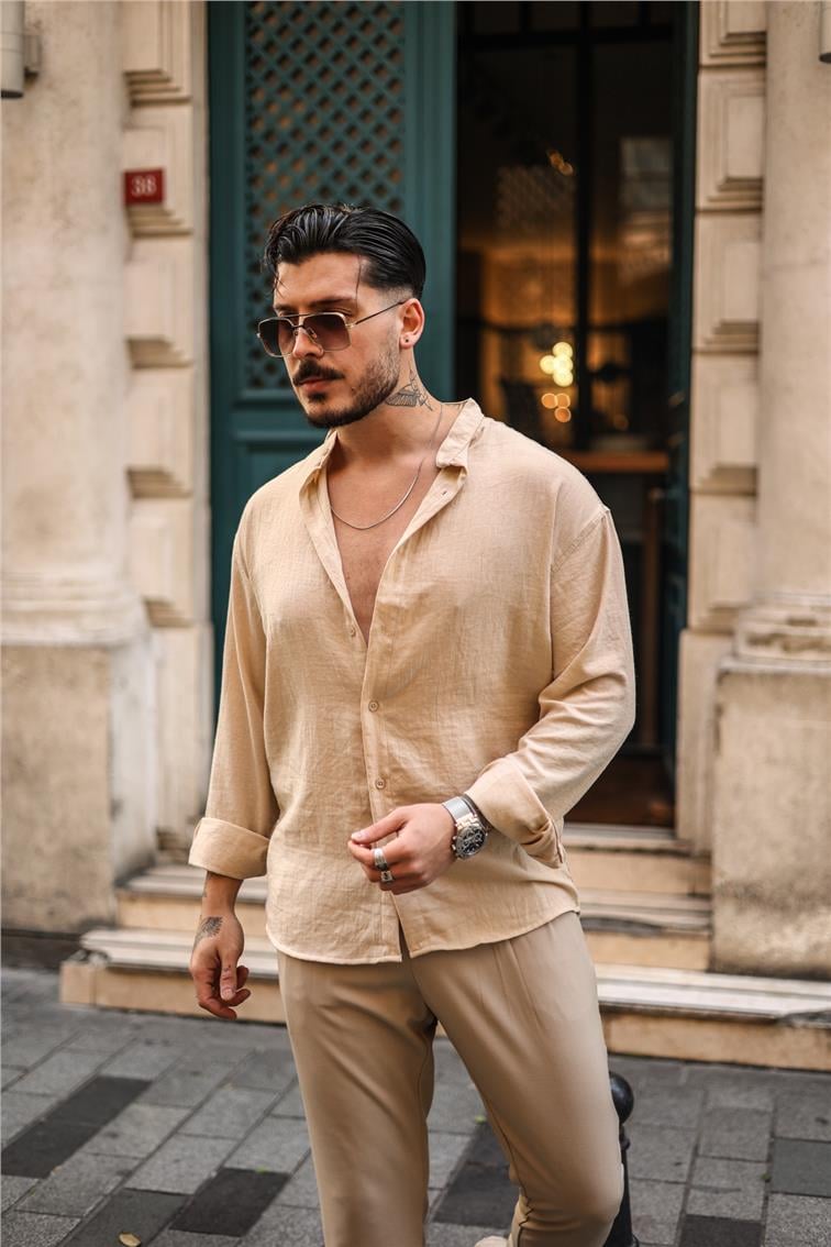 Düz Yaka Oversize Gömlek Bej