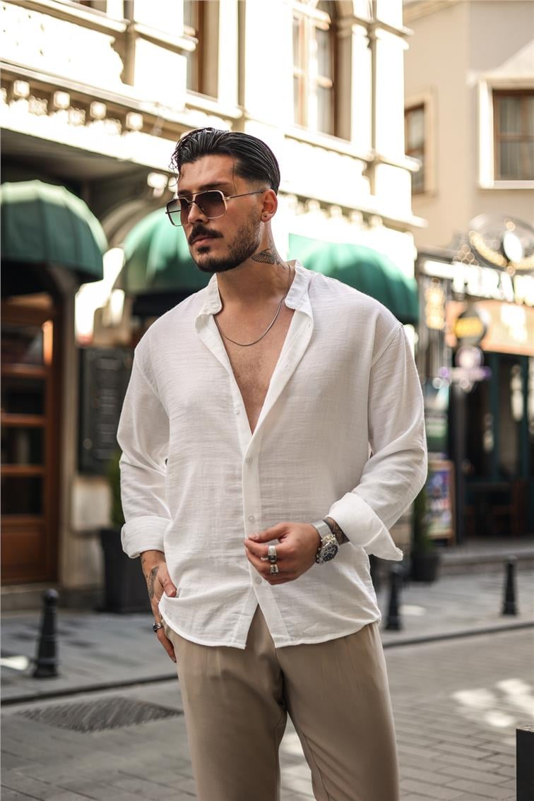 Düz Yaka Oversize Gömlek Beyaz