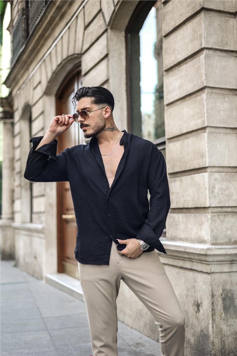 Düz Yaka Oversize Gömlek Siyah