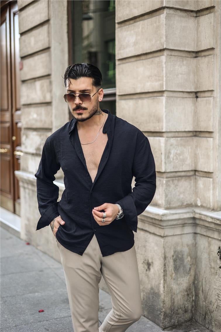 Düz Yaka Oversize Gömlek Siyah
