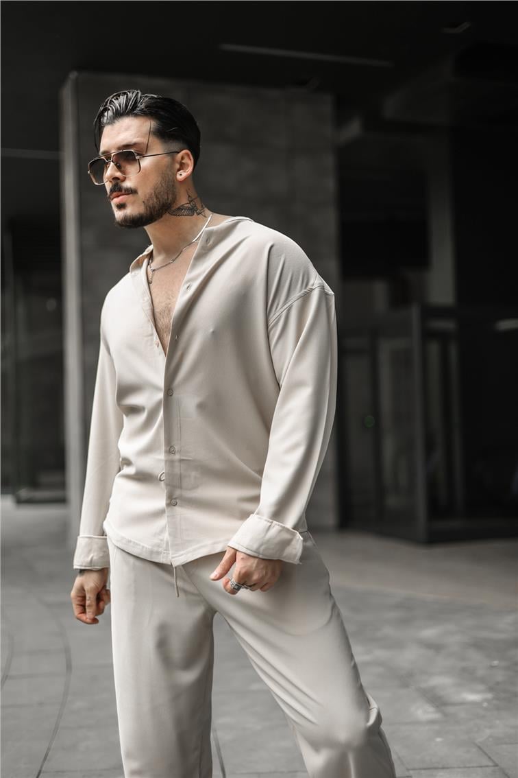 Düz Yaka Pamuklu Oversize Gömlek Bej
