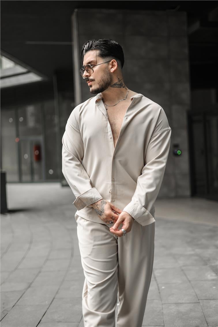 Düz Yaka Pamuklu Oversize Gömlek Bej