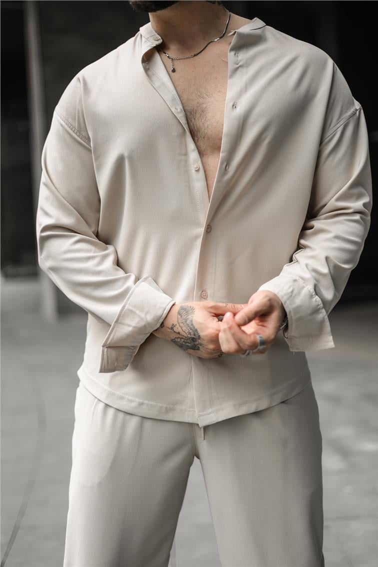 Düz Yaka Pamuklu Oversize Gömlek Bej