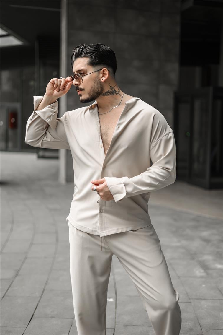 Düz Yaka Pamuklu Oversize Gömlek Bej