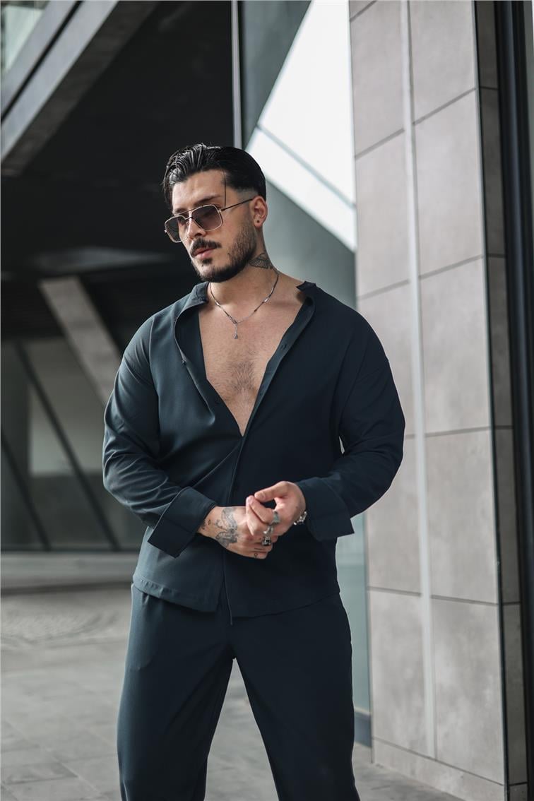 Düz Yaka Pamuklu Oversize Gömlek İndigo