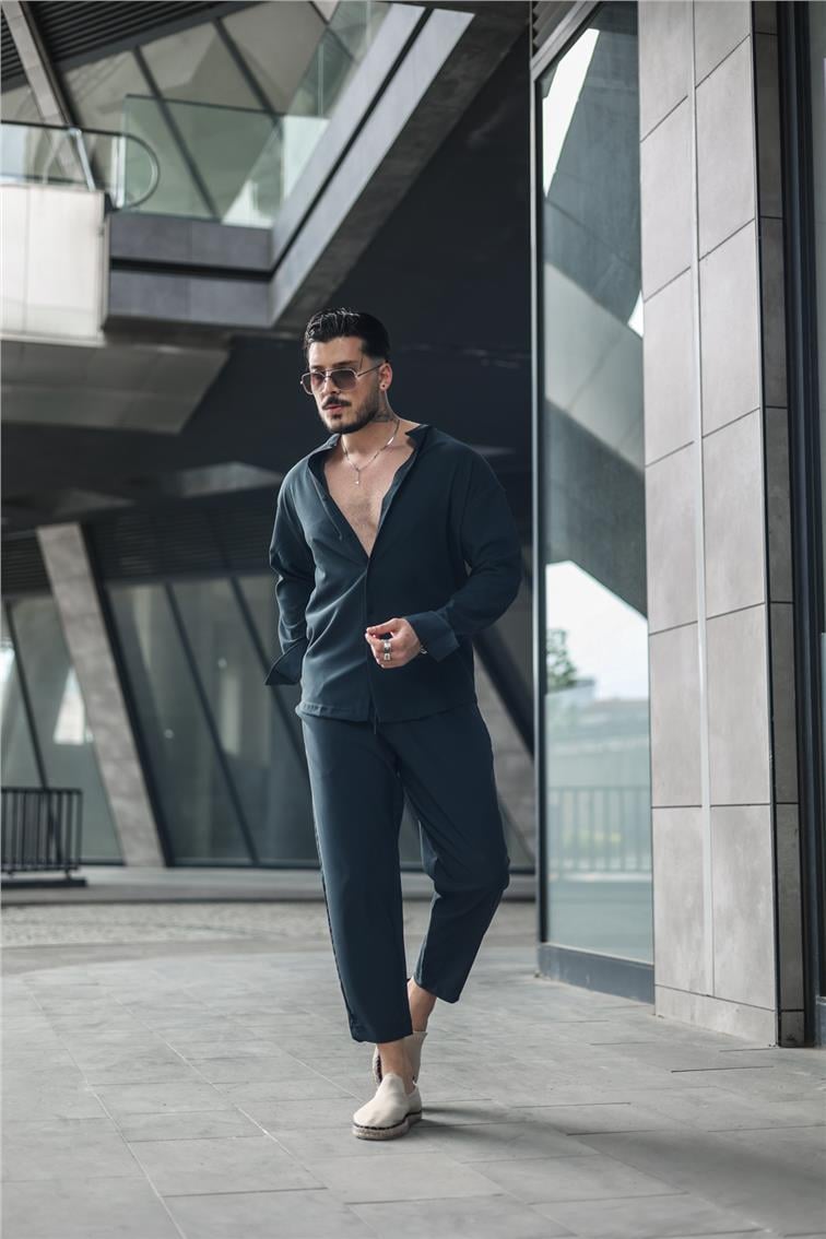 Düz Yaka Pamuklu Oversize Gömlek İndigo