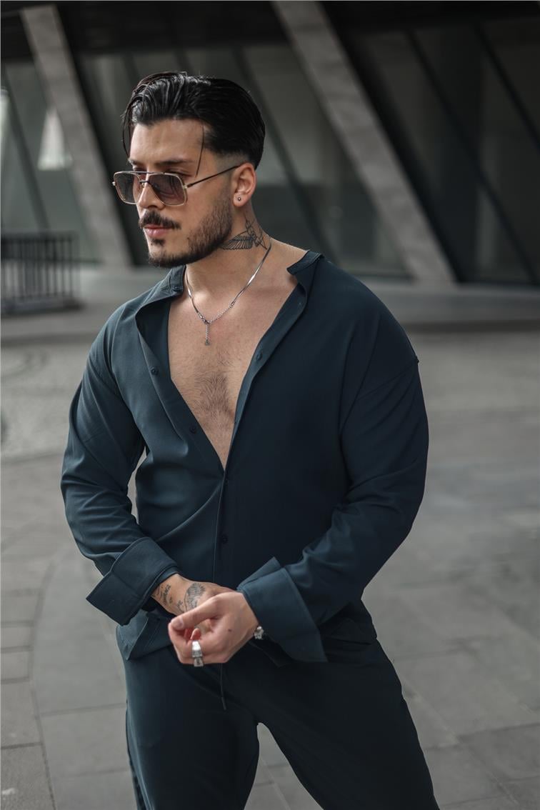Düz Yaka Pamuklu Oversize Gömlek İndigo