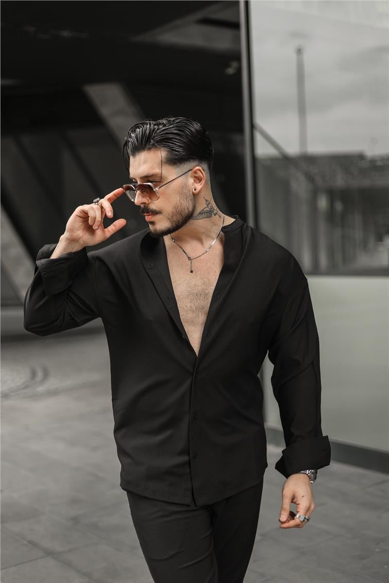 Düz Yaka Pamuklu Oversize Gömlek Siyah