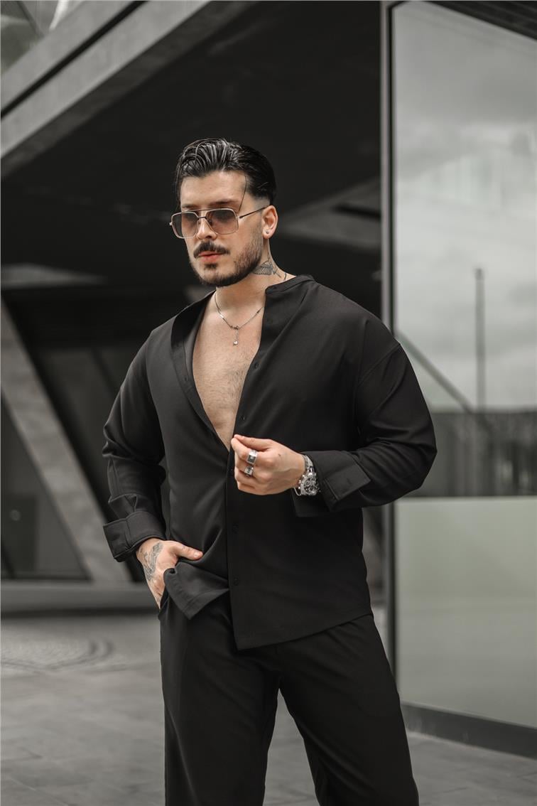 Düz Yaka Pamuklu Oversize Gömlek Siyah