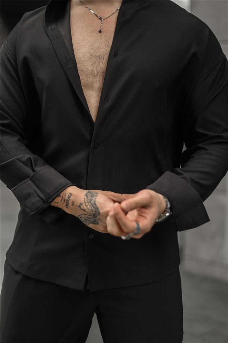 Düz Yaka Pamuklu Oversize Gömlek Siyah