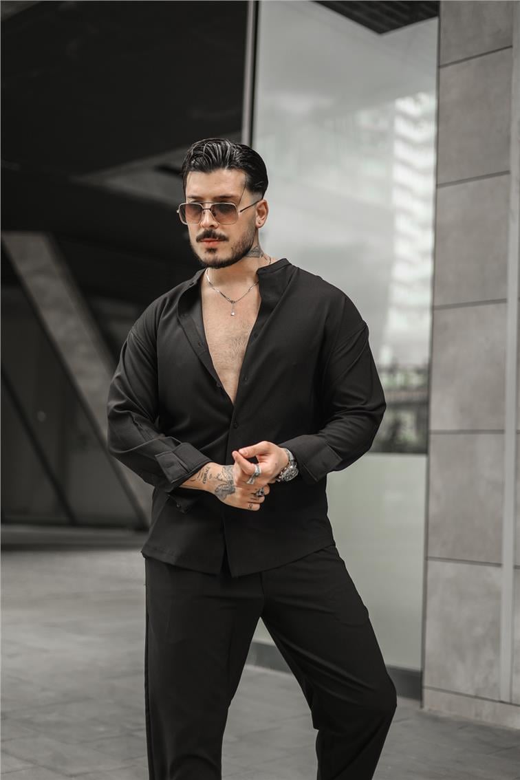 Düz Yaka Pamuklu Oversize Gömlek Siyah