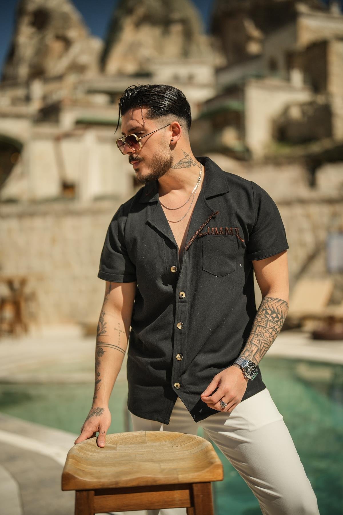 EL Nakış Keten Detaylı Oversize Gömlek Siyah