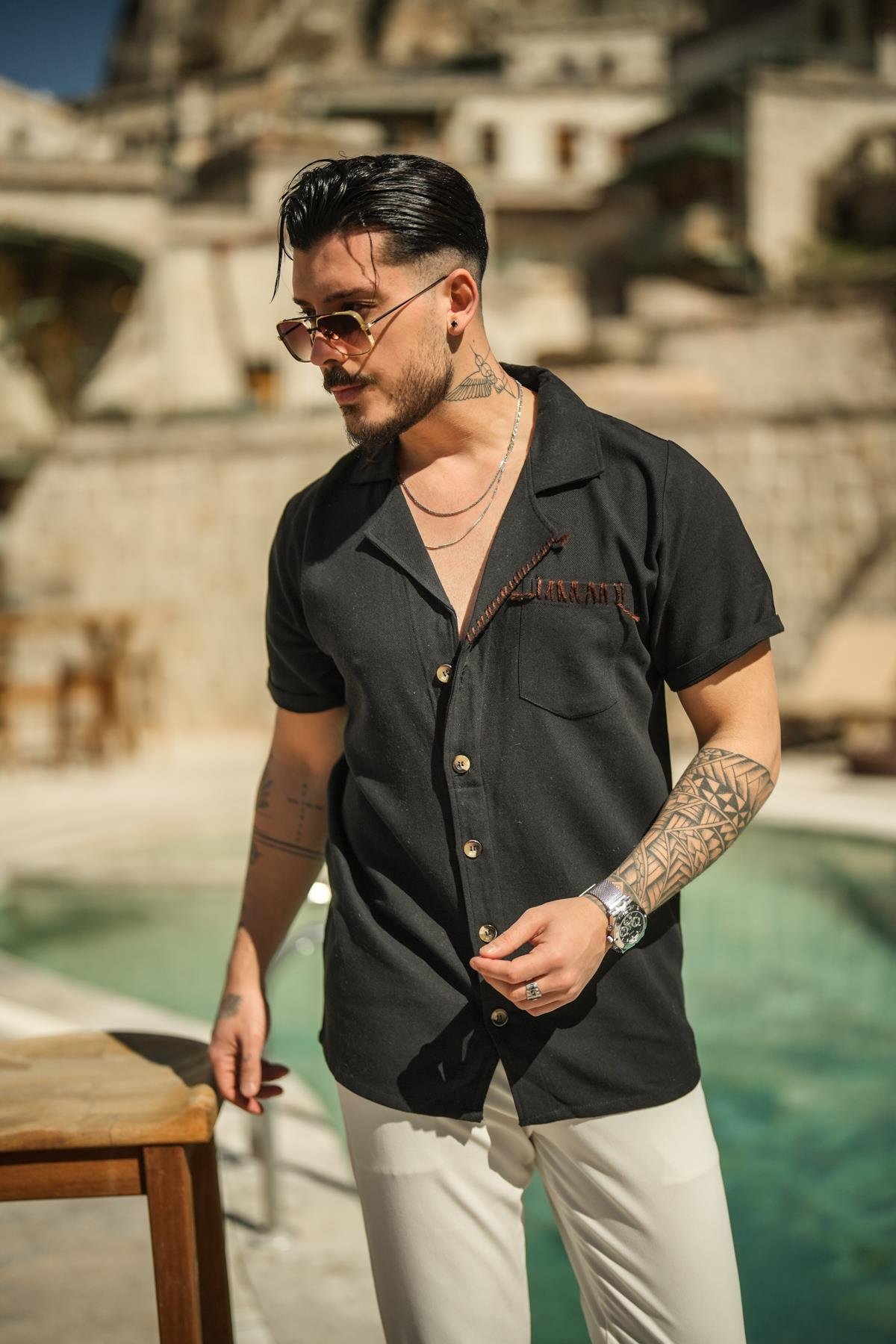 EL Nakış Keten Detaylı Oversize Gömlek Siyah