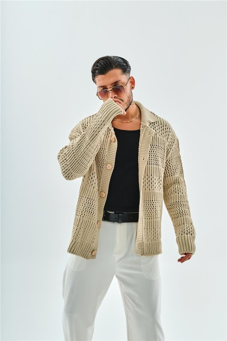 El Örgüsü Oversize Hırka Bej