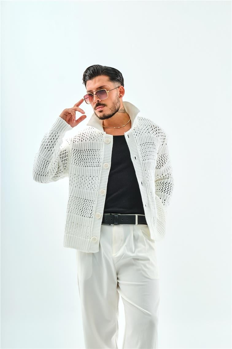 El Örgüsü Oversize Hırka Beyaz