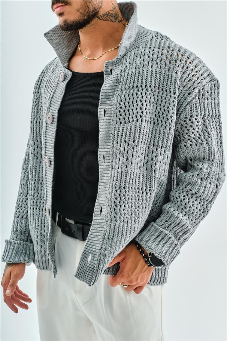 El Örgüsü Oversize Hırka Gri