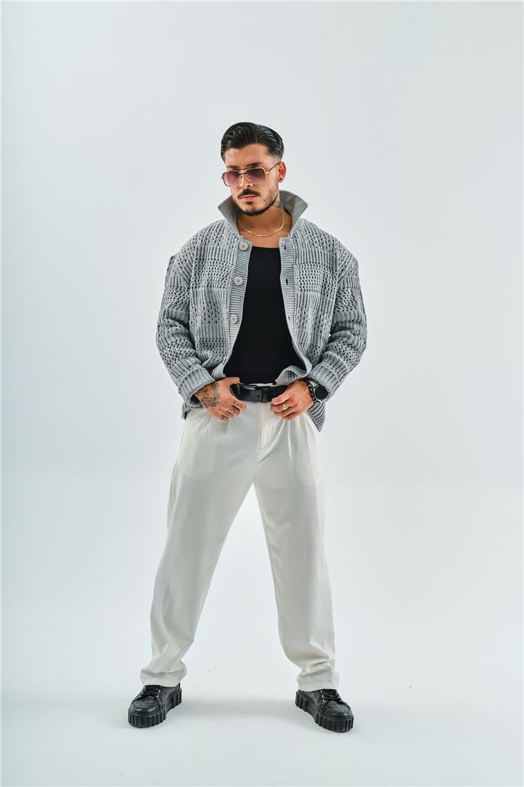 El Örgüsü Oversize Hırka Gri