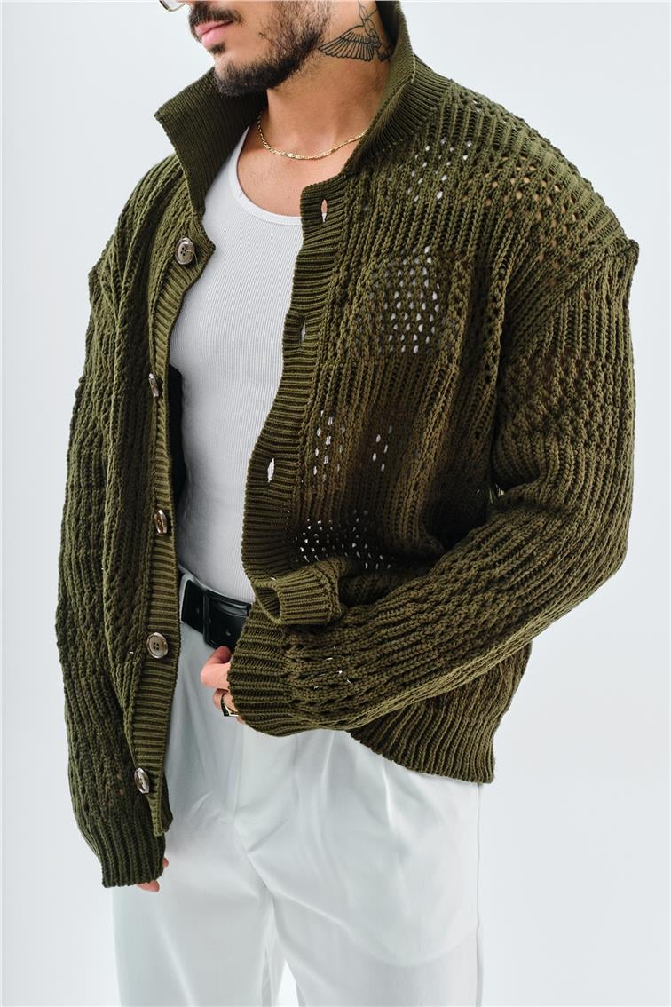 El Örgüsü Oversize Hırka Haki