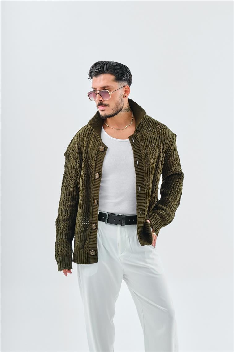 El Örgüsü Oversize Hırka Haki