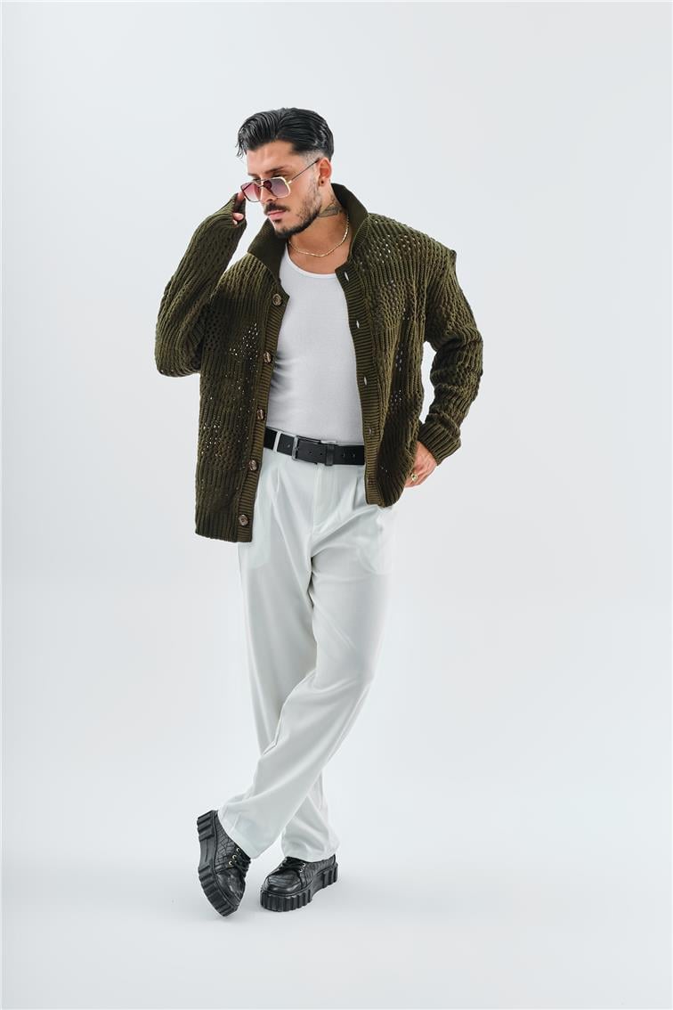 El Örgüsü Oversize Hırka Haki