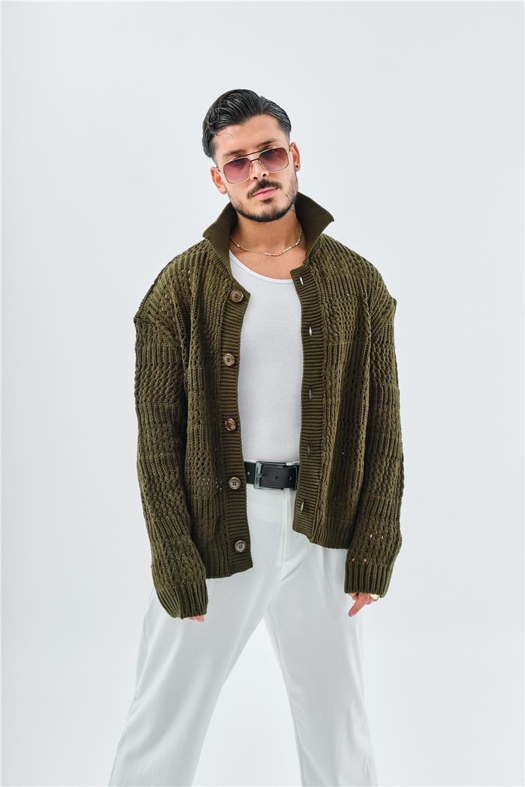 El Örgüsü Oversize Hırka Haki