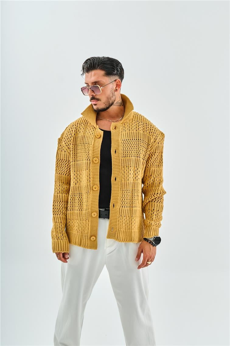 El Örgüsü Oversize Hırka Hardal