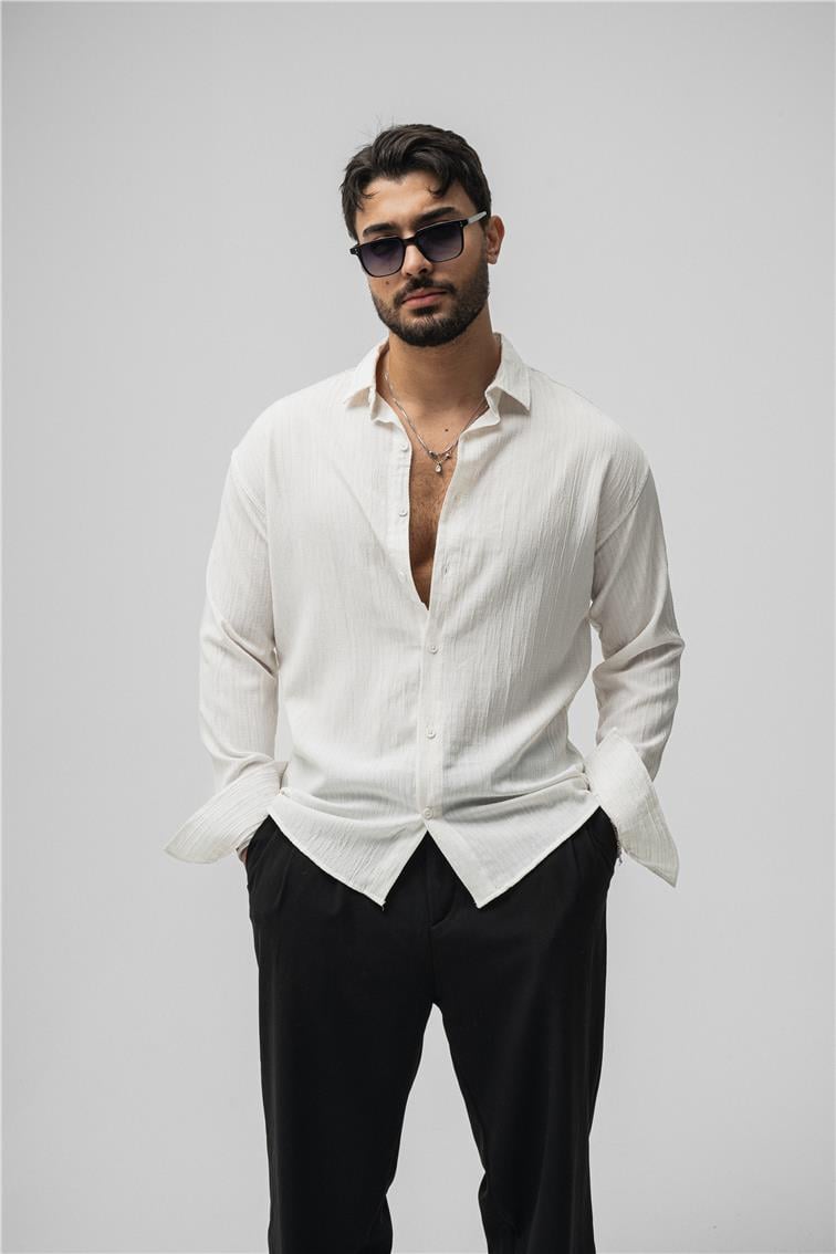 Embossed Oversize Gömlek Beyaz