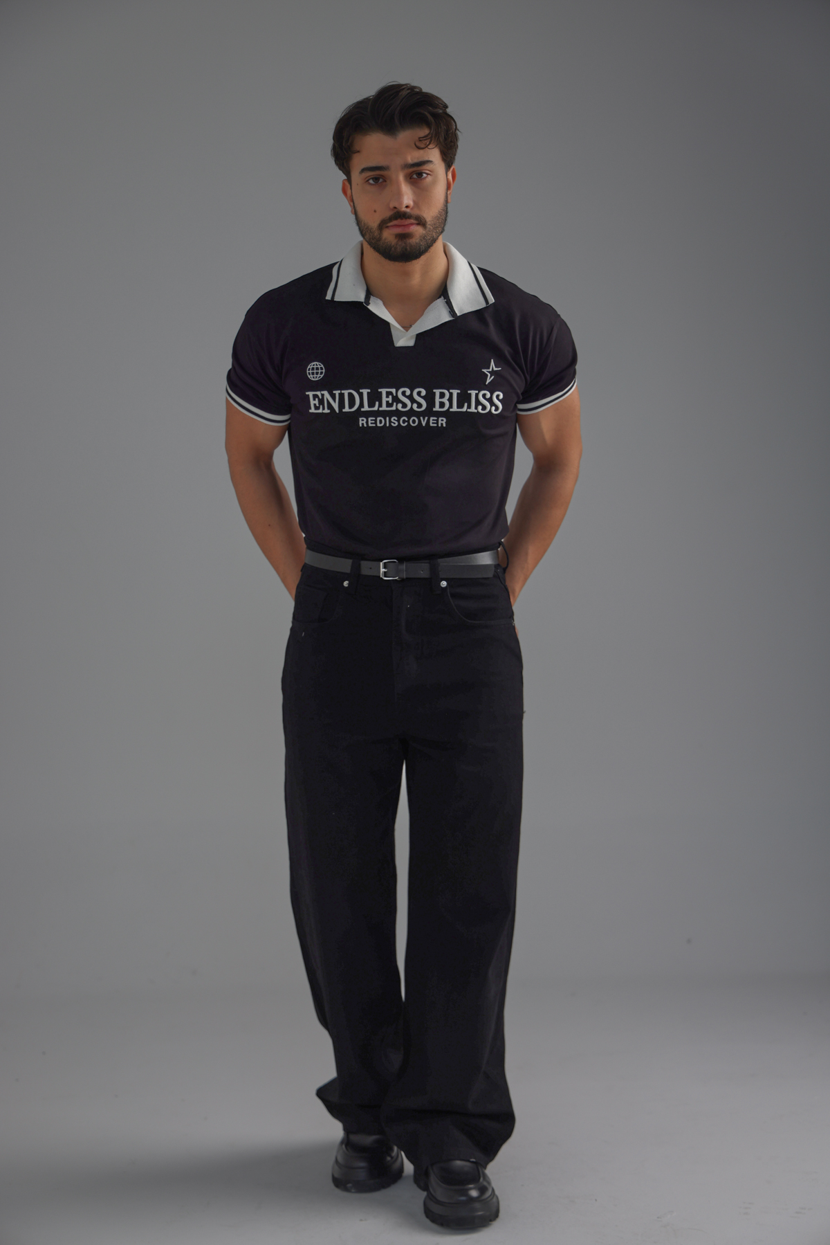 ENDLESS Baskılı Polo Yaka Tshirt Siyah