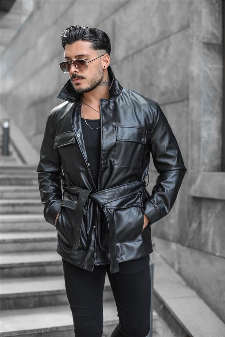 Erkek Vintage Kemerli Deri Ceket Siyah