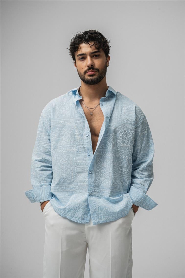 Etnik Desen Keten Oversize Gömlek Açık Mavi