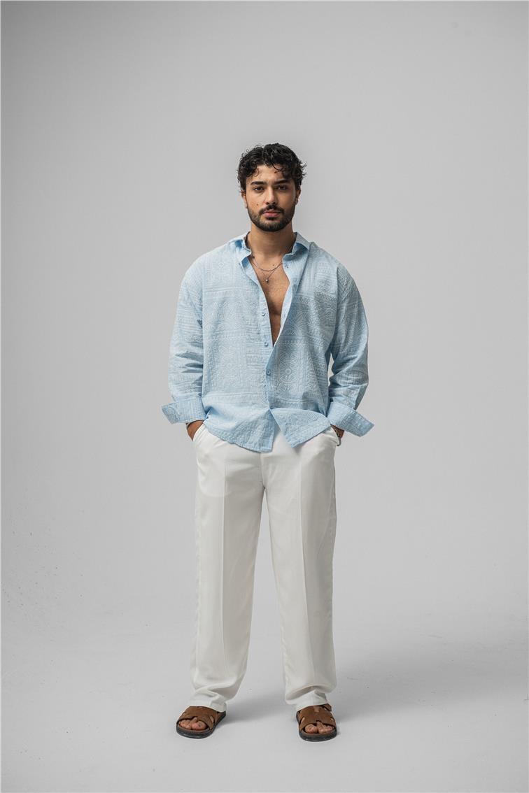 Etnik Desen Keten Oversize Gömlek Açık Mavi
