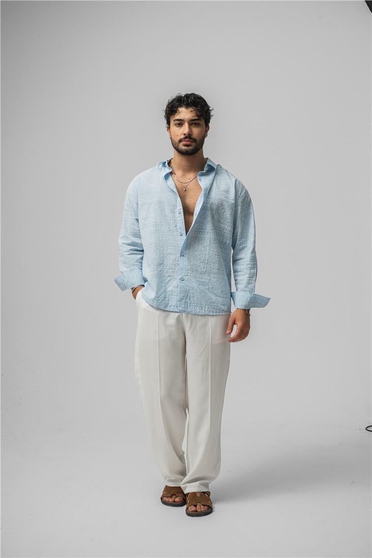 Etnik Desen Keten Oversize Gömlek Açık Mavi