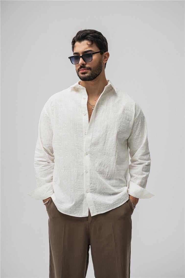 Etnik Desen Keten Oversize Gömlek Beyaz