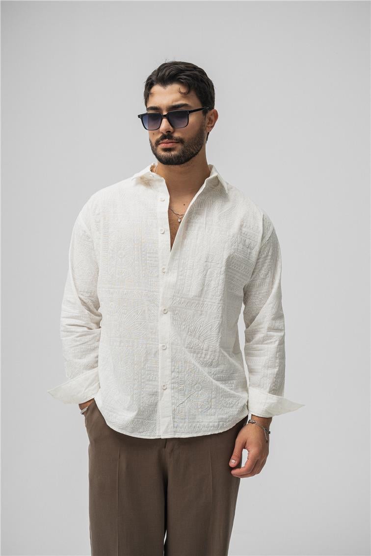 Etnik Desen Keten Oversize Gömlek Beyaz