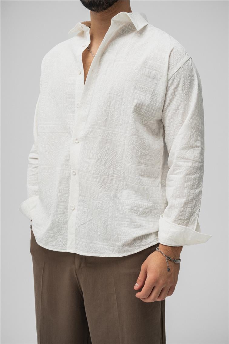 Etnik Desen Keten Oversize Gömlek Beyaz