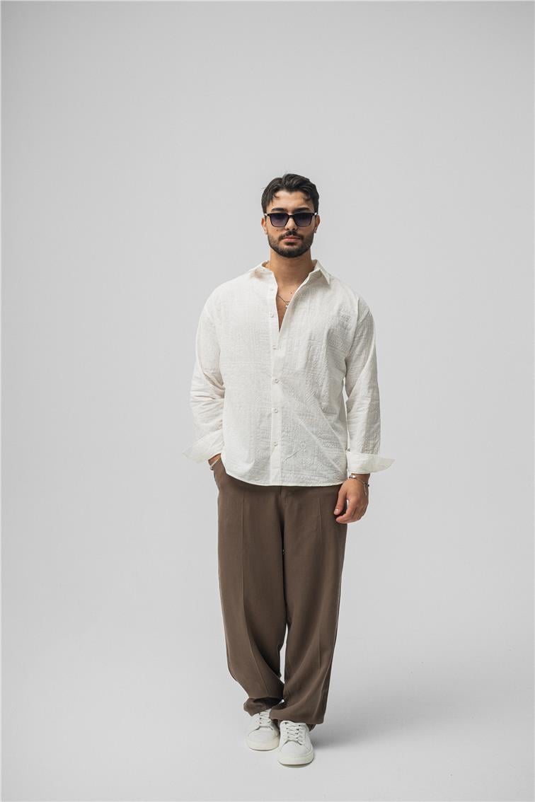 Etnik Desen Keten Oversize Gömlek Beyaz