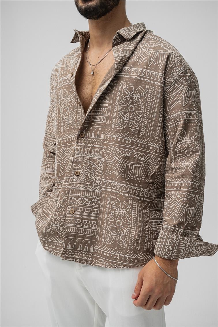 Etnik Desen Keten Oversize Gömlek Kahve
