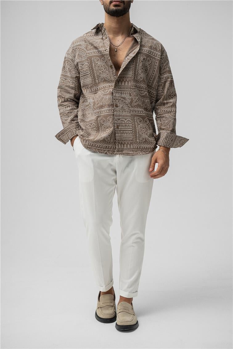 Etnik Desen Keten Oversize Gömlek Kahve