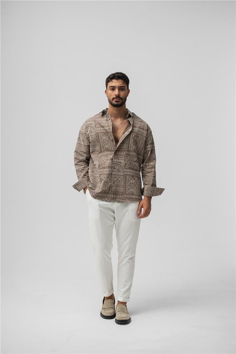 Etnik Desen Keten Oversize Gömlek Kahve
