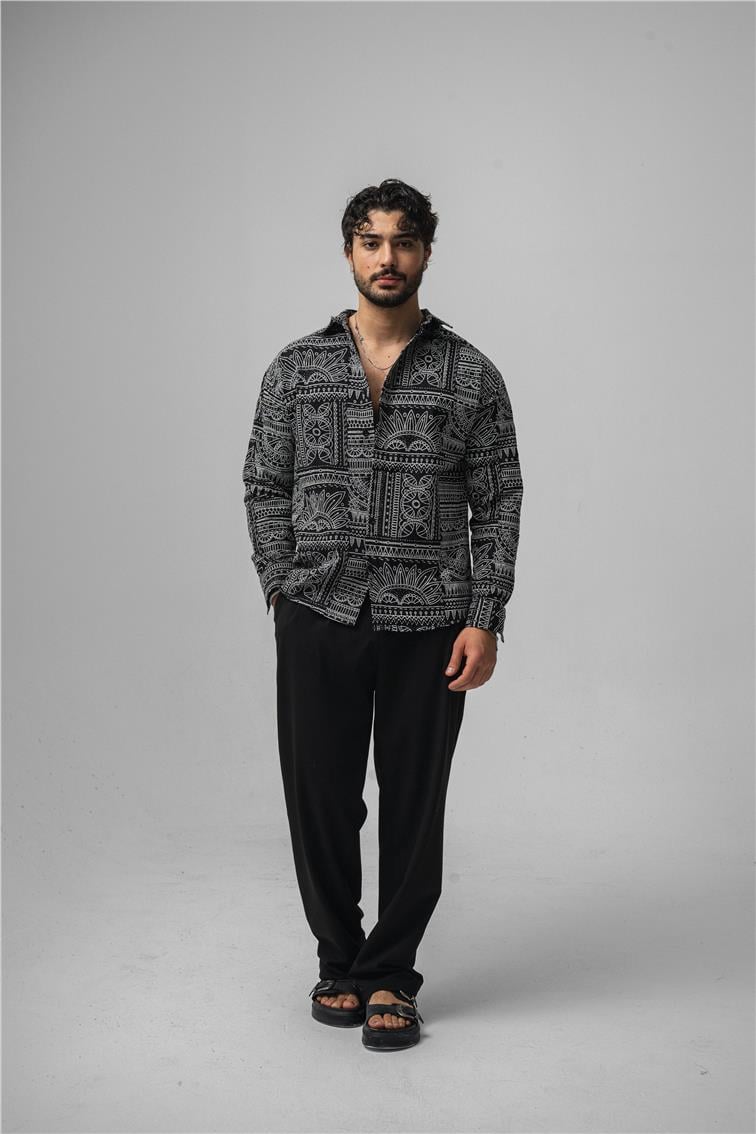 Etnik Desen Keten Oversize Gömlek Siyah