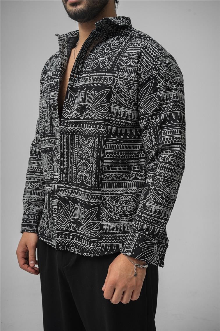 Etnik Desen Keten Oversize Gömlek Siyah
