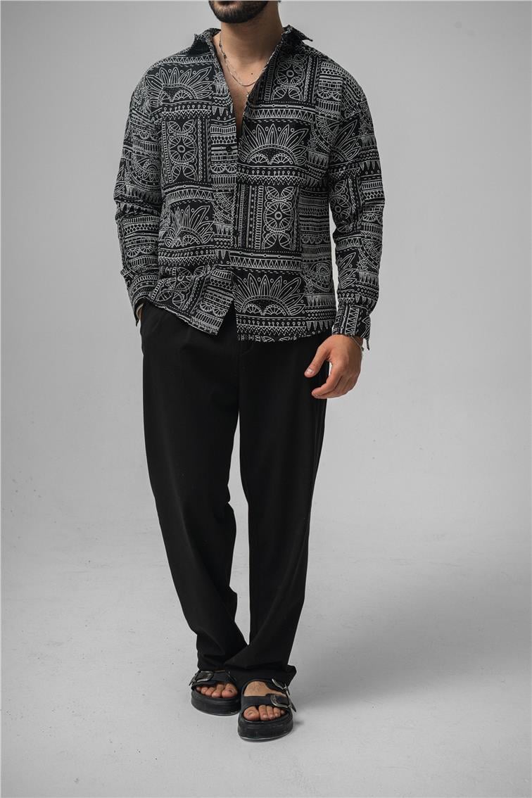 Etnik Desen Keten Oversize Gömlek Siyah