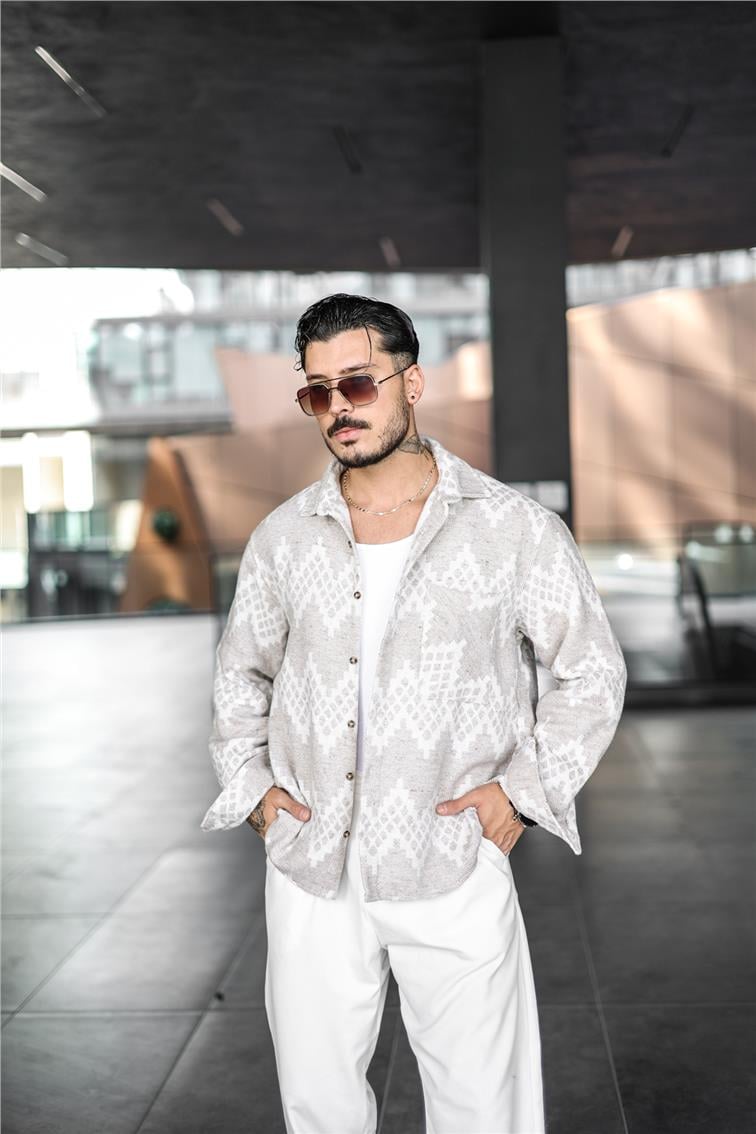 Etnik Desen Oversize Oduncu Gömlek Krem