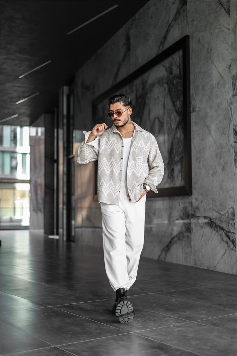 Etnik Desen Oversize Oduncu Gömlek Krem