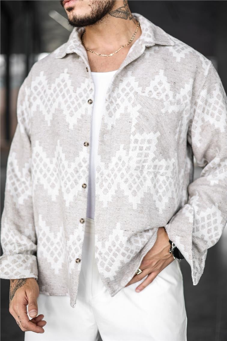 Etnik Desen Oversize Oduncu Gömlek Krem