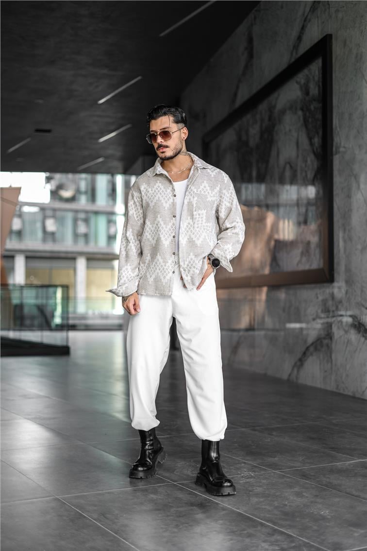 Etnik Desen Oversize Oduncu Gömlek Krem