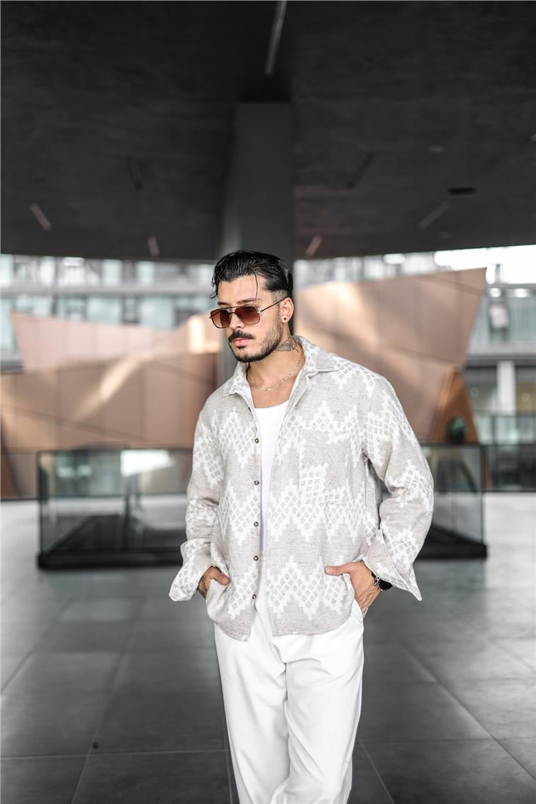 Etnik Desen Oversize Oduncu Gömlek Krem