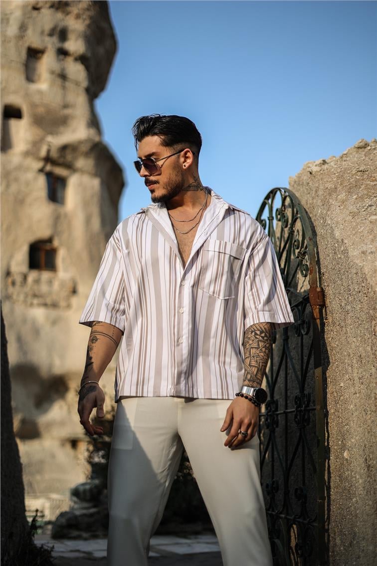 Fakir Kol Çizgili Oversize Kısa Kol Gömlek Kahve