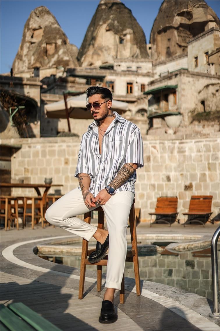 Fakir Kol Çizgili Oversize Kısa Kol Gömlek Siyah